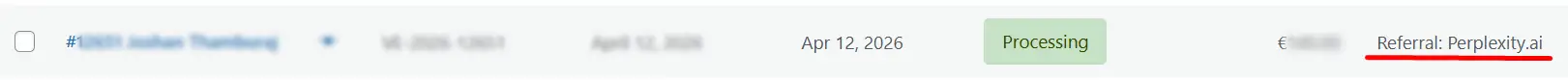 Пример источника трафика из Perplexity в админке Woocommerce